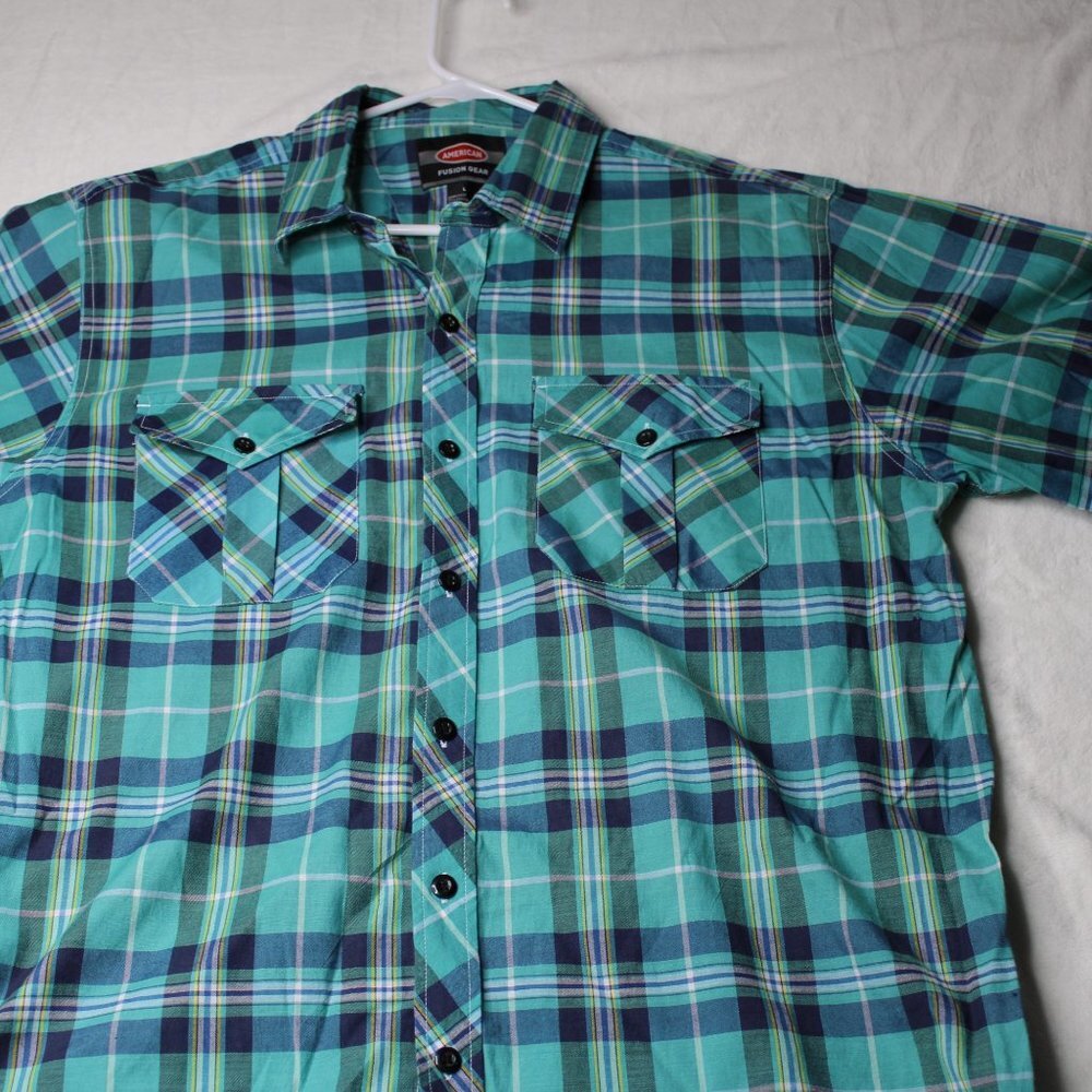 American Fusion Gear Plaid Short Sleeve Button Up Shirt Men's Size L - Picture 5 of 8